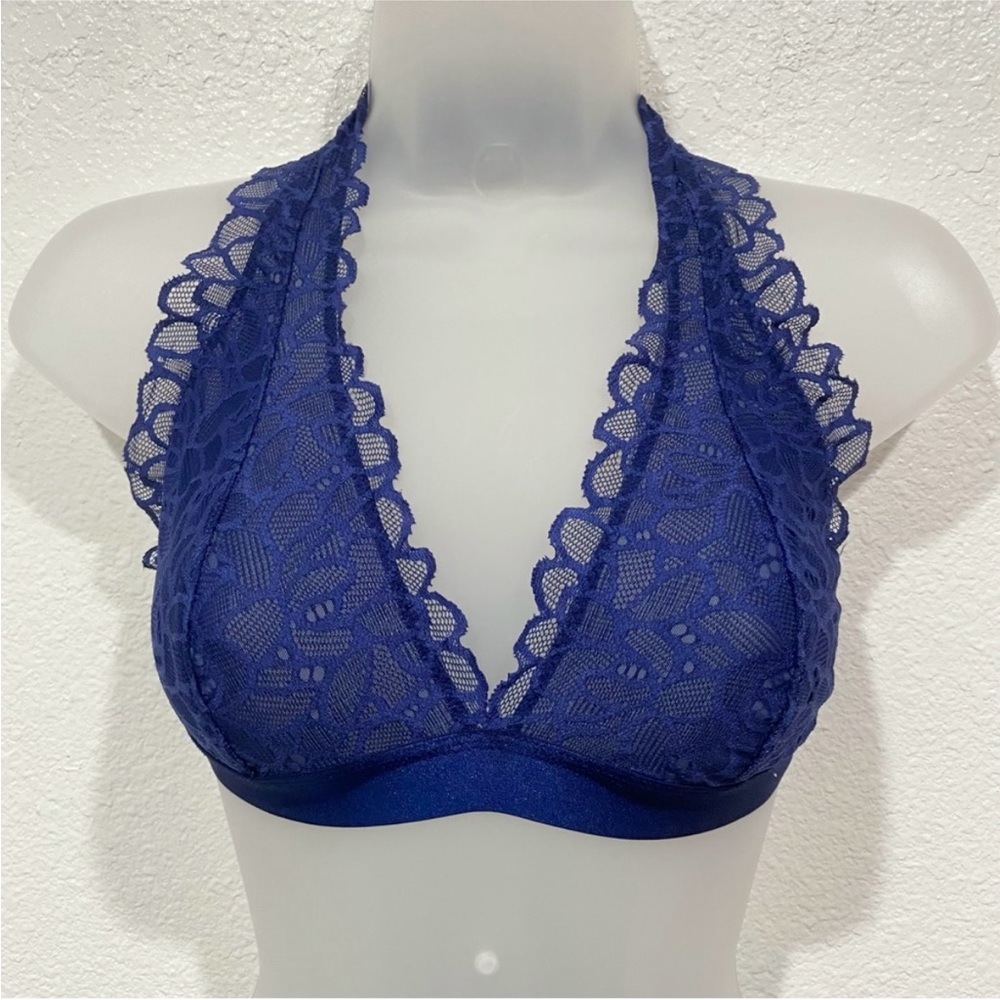 blue lace mesh halter bralette bra crop top